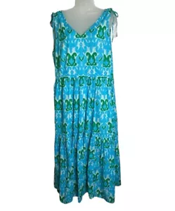 Maxi Vestido Talbots Talla Grande 16 Azul Verde Ikat Forrado en Niveles Cuello en V Travel Resort - Imagen 1 de 13