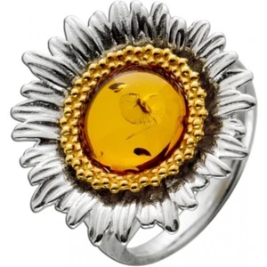 925 ECHT SILBER GOLD pl *** Sonne Bernstein bicolor Ring vergoldet Größenauswahl - Picture 1 of 3