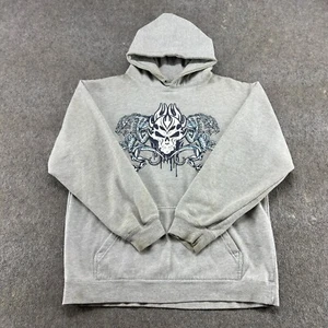 VINTAGE Top pesante felpa con cappuccio uomo M grigio pullover tribale teschio draghi pile Y2K - Foto 1 di 18