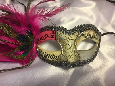 Gold, Mardi Gras, Adult Costume Party Mask with pink & peacock feathers - Image 1 of 3
