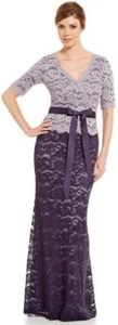 Adrianna Papell Aubergine Dusty Violet V-Neck Color-Block Lace Gown Dress 6 - Picture 1 of 3