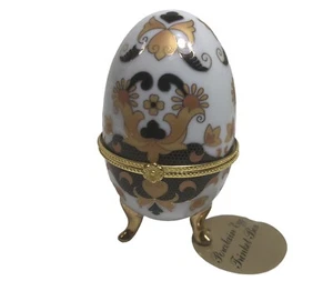 Vintage Hinged Porcelain Black & Gold Egg on 3 Legs Trinket Ring Jewelry Box - Picture 1 of 11