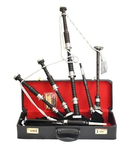 Scottish African Black Wood Bagpipe Thistle Engraved Silver Mounts W/Hard Case - Picture 1 of 3