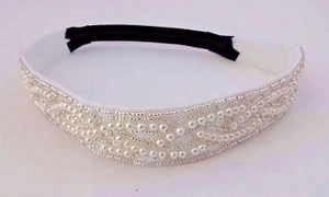 Pearl Beaded Headband Black Stretch Elastic Back Bridal Headpiece - Picture 1 of 7