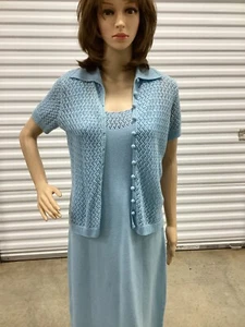 Vintage St. John Knits Blue Long Dress & Cardigan Size M - Picture 1 of 7
