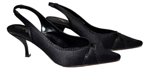 Nina Black Silk Satin Black Rhinestone Pointed Toe Slingback Heels Size 8.5M - Picture 1 of 9