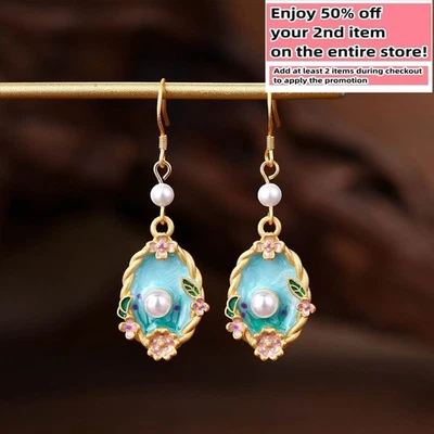 Pearl Flower Earrings 18K Gold Plated Drop Dangle Monet Garden Paint Style - Image 1 of 4