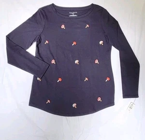 Talbots Navy Blue Top Embroidered Mushroom Long Sleeve Size Petite Small NEW - Picture 1 of 7