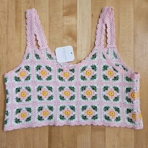 ALTAR'D STATE Crochet Crop Tank Top Sz Small Boho Pink Summer Grannie Square - Picture 1 of 13