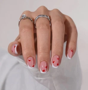 BTArtboxNails French hearts Press-On Square Nails – Soft Gel – Reusable – New - Picture 1 of 2