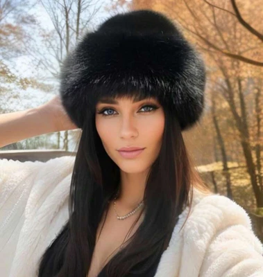 Winter Furry Fluffy Faux Fur Women's Mongolian Fashion Hat Black - Image 1 of 2