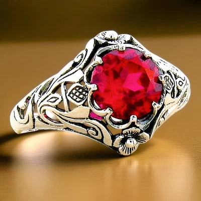 ANTIQUE STYLE SCOTTISH THISTLE STERLING SILVER 2.5 CT LAB-CREATED RUBY RING #321 - Image 1 of 3