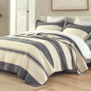 Beige graue Queen Quilts - 100% Bio Baumwolle gestreift Quilts Queen Size, Farm... - Bild 1 von 6