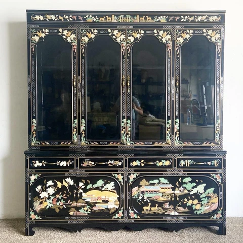 Chinoiserie Black Lacquer Mother of Pearl Inlay China Cabinet Cover