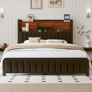 PU Leather Full Queen Bed Frame 54.3" Tall with Storage Headboard and LED Lights - Picture 1 of 13
