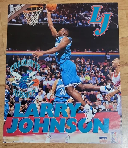 Vintage 1990's  Larry Johnson Charlotte Hornets Basketball NBA Poster Cover