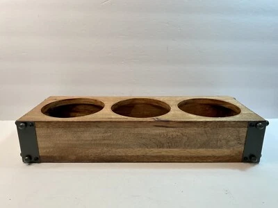 Teak Wooden 3 hole Wine Flight Bottle Rack Pet Feeder Planter 4.5 Diameter India - Image 1 of 4
