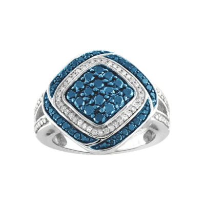 1 Ct Real Blue & White Diamond Cluster Ring Rhodium Plated ? Sterling Silver - Image 1 of 3