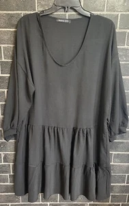 Boohoo Babydoll Dress Size 12 Black Goth Oversized Tiered Black Mini Puff Sleeve - Picture 1 of 8