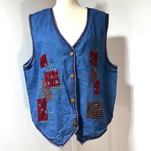 Bobbie Brooks Denim Vest Embroidery Size XL 16/18 Jean Red Floral - Bild 1 von 6
