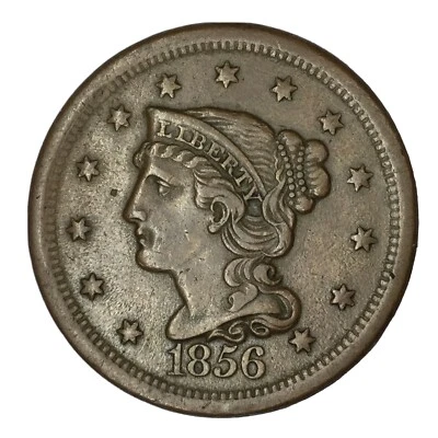 1856 1C RD Braided Hair Large Cent Slanted 5 XF+ Uncertified # - Image 1 of 4