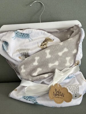 Baby Essentials Reversible Blanket Puppy Dog Bone Blue Gray Tan 2 Ply Minky Soft - Image 1 of 4