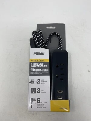 Prime #PBUF0001 6' Black 2-Outlet & 2-Usb Fabric Accent Power Strip Cord #9774 - Image 1 of 4
