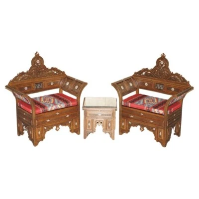PAIR OF KILIM & MOTHER OF PEARL INLAID MOORISH MOROCCAN SYRIAN ARMCHAIRS & TABLE - Image 1 of 4