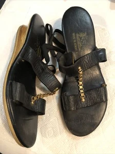 Vintage 1960s Black Sandals Wood Heel Hawaiian Island Slipper sz 6 - Picture 1 of 4