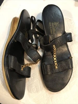 复古 20 世纪 60 年代黑色凉鞋木跟夏威夷岛拖鞋 6 码 — 第 1/4 张图片