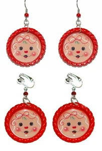 Cute Gingerbread Girl Bottle Cap Pierced or Clip on Dangle Earrings (CAP018) - Picture 1 of 3
