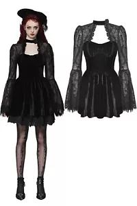 Dark In Love Women Black Gothic Dark Floral Jacquard Velvet Lace Short Dress - Picture 1 of 21