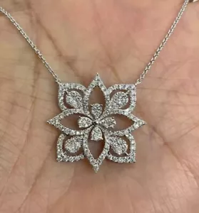 14K White Gold Plated 2Ct Round Cut Simulated Diamond Women's Flower Necklace - Picture 1 of 2