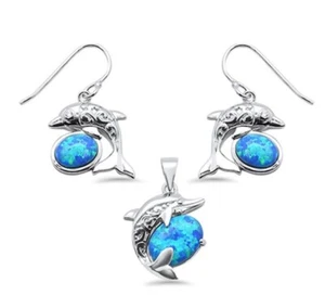 Women's .925 Sterling Silver Blue Opal & Silver Dolphin Pendant & Earrings Set - Picture 1 of 3