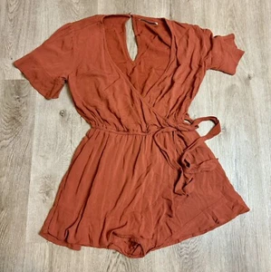 Abercrombie & Fitch Rust Wrap Womens S V Neck Short Sleeves Ruffle Trim Romper - Picture 1 of 6