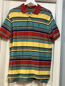 VTG Polo Ralph Lauren Polo Shirt Colorful Striped Short Sleeve 100% Cotton Large - Picture 1 of 9