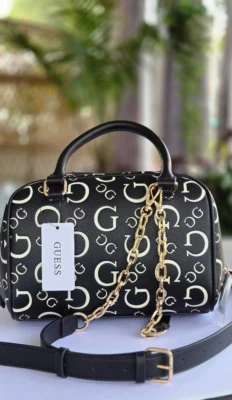 Guess Barrel Crossbody Satchel Black Logo Gold Hardware NWT Handbag Trendy - Image 1 of 4