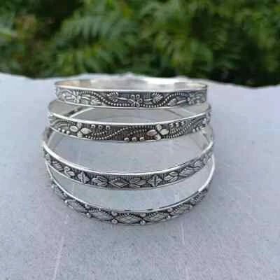 Conjunto de 4 pulseiras femininas de prata esterlina 925 sólidas feitas à mão empilháveis Si45 - Imagem 1 de 4