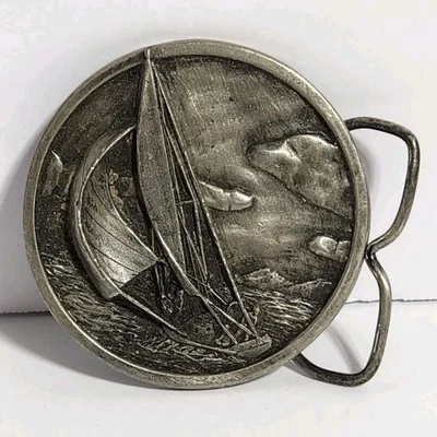 Sailboat Belt Buckle Wind Sea Water Sky Sailing Vintage 70s Bergamot Made In USA - Image 1 of 4