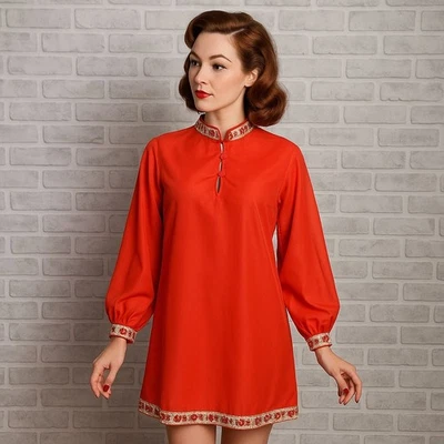 Mini Vestido Túnica Vintage Años 60 70 Rojo Nailon Sears Boho Bordado Festival M Foto 1 de 4