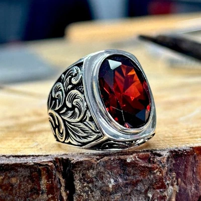 925 Silver Ruby Stone Red Stone Men Handmade Ring - Image 1 of 4