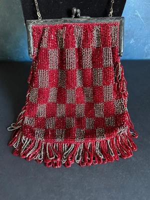 VINTAGE MICRO BEADED FLAPPER BAG PURSE SILVER TONE RED & SILVER ORIGINAL LINING - Image 1 of 4