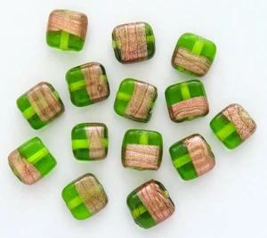 14 Green Gold Art Glass Beads Vintage Lampwork Stripe Square Christmas Craft - Picture 1 of 2
