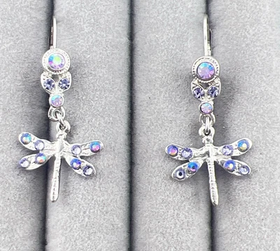 Kirks Folly Earrings Dragonfly Insect Crystal Rhinestone Purple Pink Leverback - Image 1 of 4