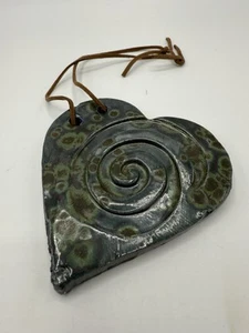 Artisan Handcrafted Clay Glazed Ceramic Heart Pendant Jewelry Spiral Design - Picture 1 of 5