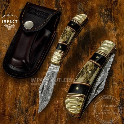 Model # 5187 By Impact Cutlery Handmade Damascus Folding Pocket Knife Back Lock - Image 1 of 4