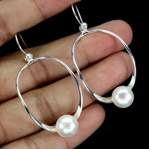 925 Sterling Silver Earrings Round Pearl 9mm Natural Gemstone Jewelry - Picture 1 of 13