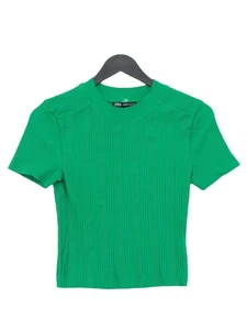 Zara Women's Top S Green Striped 100% Other Short Sleeve Crew Neck Cropped - Picture 1 of 5