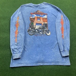 Vintage Harley Shirt Mens L Blue Red Rock Y2K Biker Long Sleeve Flames Print Tee - Picture 1 of 8