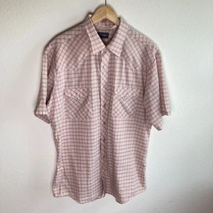 ENRO Mens XL Pearl Snap Button Up Western Shirt Pink Plaid Cowboy Pocket - Picture 1 of 8